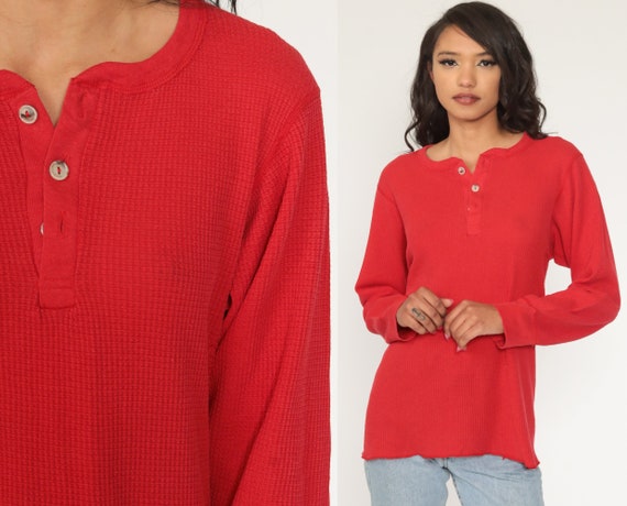 Thermal Shirt Red Long Sleeve Shirt WAFFLE KNIT T Shirt 80s Henley