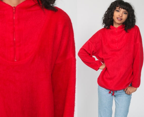 Hooded Sweatshirt Red Fleece Hoodie Pullover 80s Jacket Fuzzy 1980s Vintage Boho Vintage Hood Medium