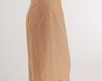 70s Wool Skirt Tan Midi Skirt High Waisted A Line Pencil Retro Secretary Skirt Knee Length Preppy Simple Basic 1970s Vintage Small