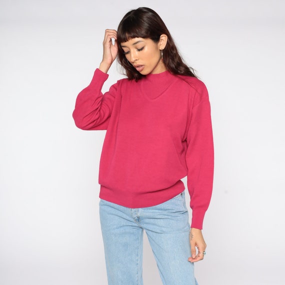 Deep Pink Wool Blend Sweater 80s Pullover Slouchy Plain Knit Vintage 1980s Preppy Jumper Medium Large