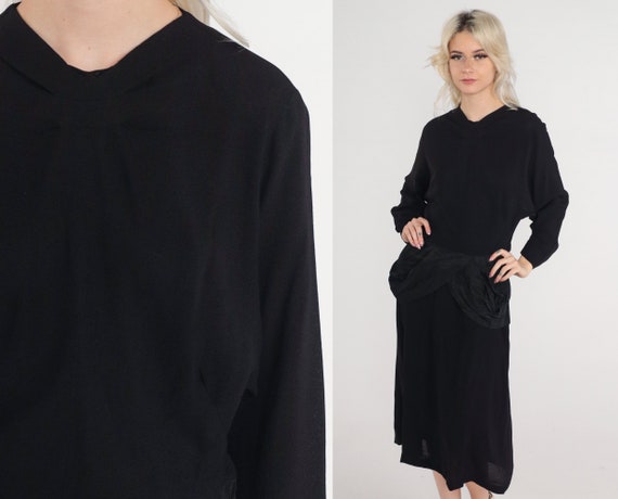 Black 1940s Dress WWII 40s Party Dress Peplum Waist Antique Retro Cocktail High Waist Midi Dress Plain Vintage Formal Long Sleeve Small