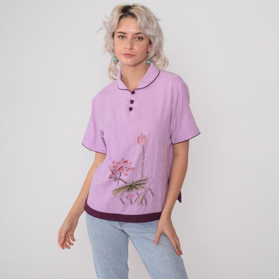 Lotus Flower Top Y2K Lavender Silk Henley Shirt Purple Piping Short Sleeve Collar Asian Inspired Lilac Pink Floral Zen Buddhist Large L 12