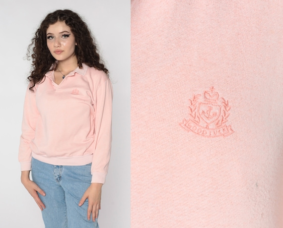 Pink Polo Sweatshirt Anchor Crest Good Luck 80s 90s Sweatshirt Nautical Baby Pink Pastel Collared Sweatshirt Button Neck 1980s Small S