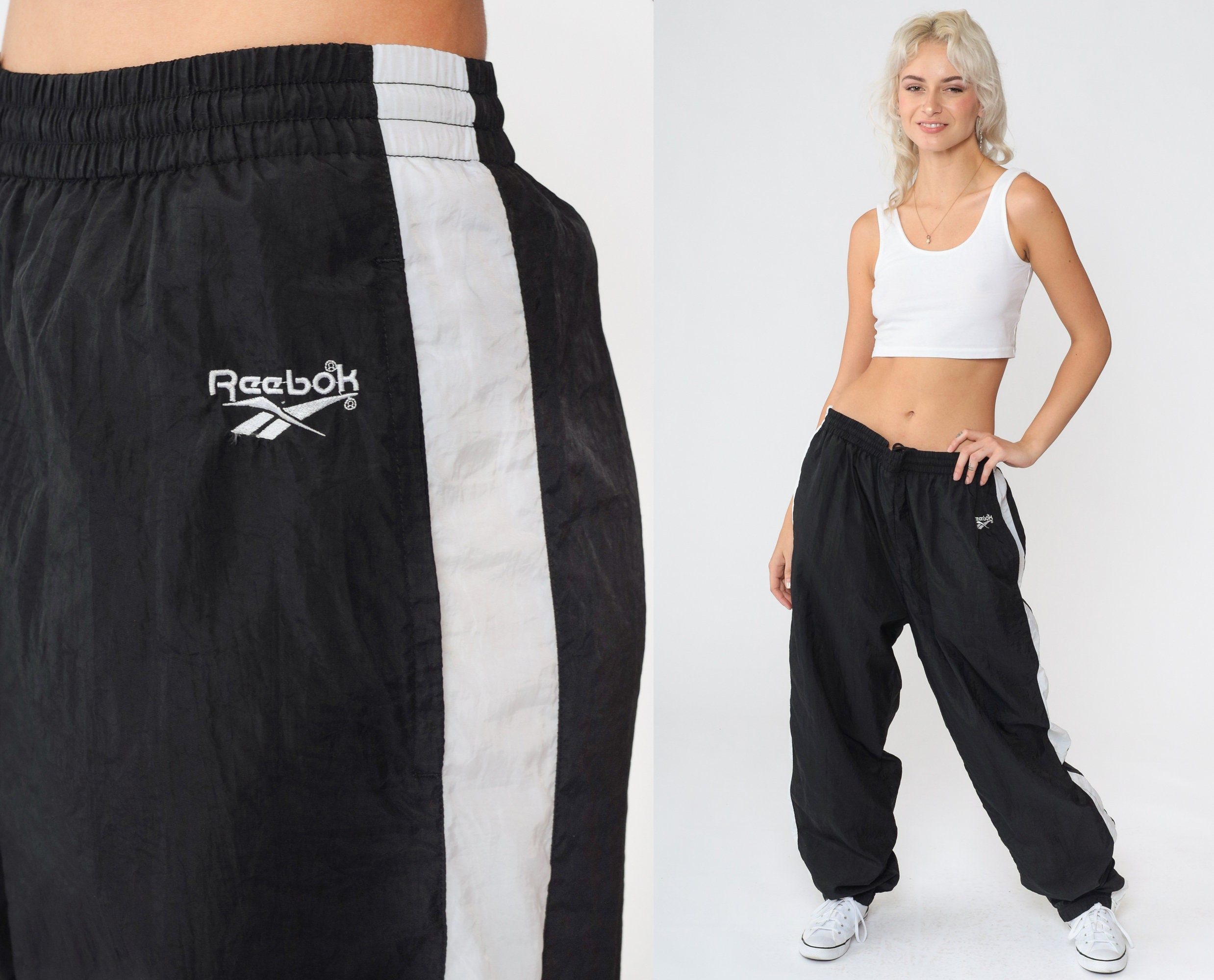 Reebok Track Pants 90s Jogging Pants Striped Black White Streetwear Nylon  Athletic Sports Vintage Gym Jogging Running Joggers Large Xl 