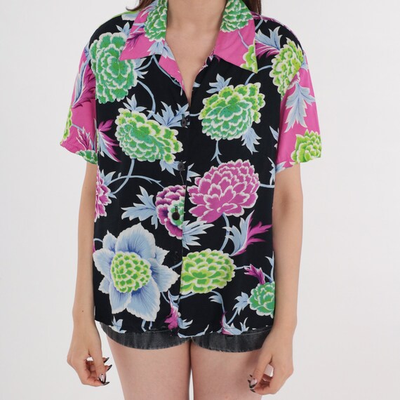 Beaded Floral Blouse Y2k Button up Shirt Black Pi… - image 6