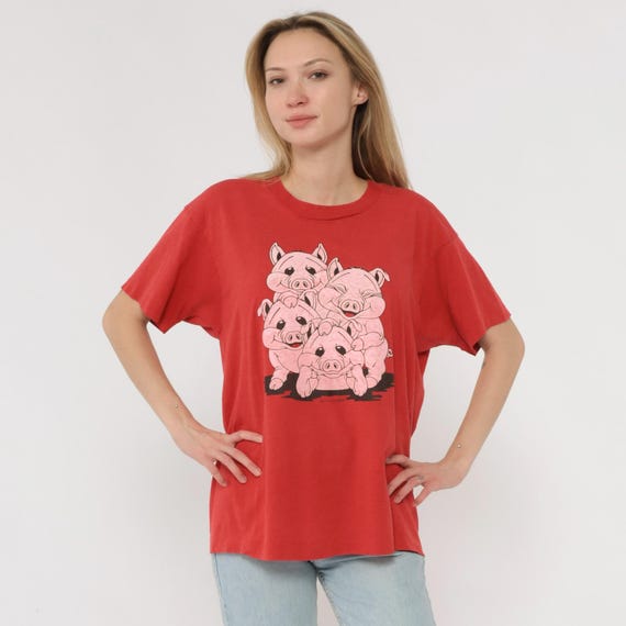 90s Piggies Tee Red Cartoon Pigs Graphic Tee Cotton Animal Print Crew Neck Short Sleeve Vintage T Relaxed Fit Grunge Streetwear Large L