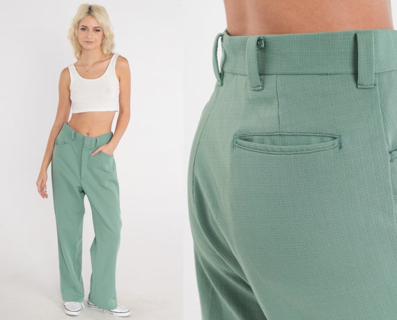 Green Trousers 70s Pleated Pants High Waisted Rise Straight Leg Slacks Retro Preppy Seventies Basic Minimalist Plain Vintage 1970s Medium 34