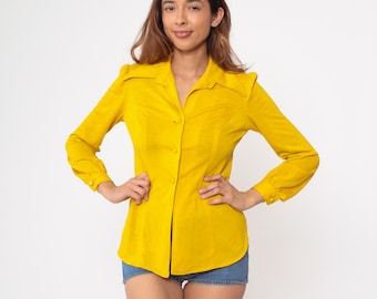 Mustard Yellow Blouse 70s Vintage Button Up Long Sleeve Pointed Collar Fitted Shirt Mod Disco Retro Summer Vibrant Office Wear Size Small S