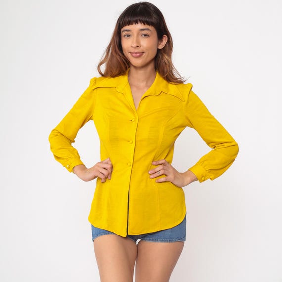 Mustard Yellow Blouse 70s Vintage Button Up Long Sleeve Pointed Collar Fitted Shirt Mod Disco Retro Summer Vibrant Office Wear Size Small S