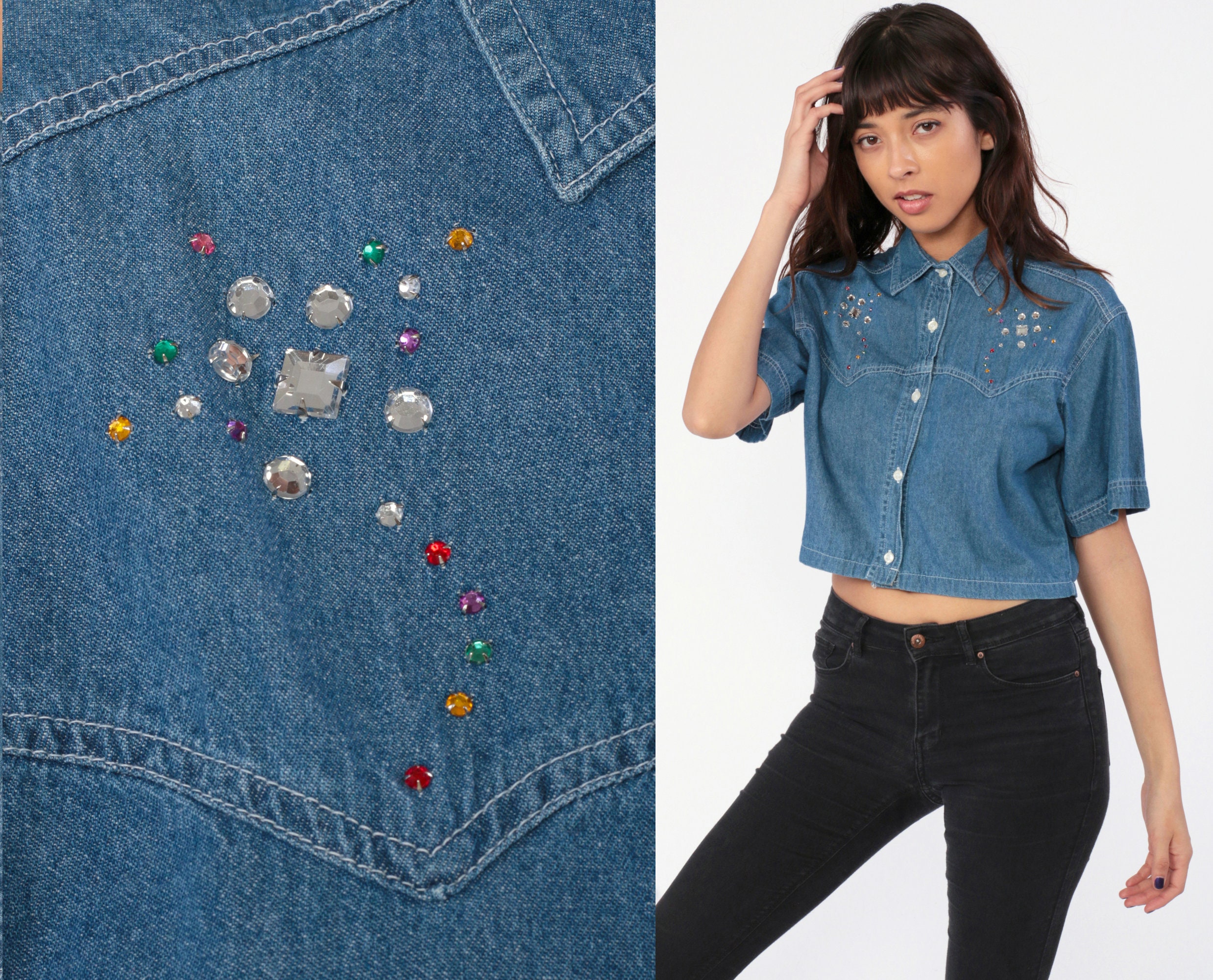 Beaded Denim Shirt 90s Grunge Shirt Jean Shirt Crop Top Rhinestone ...