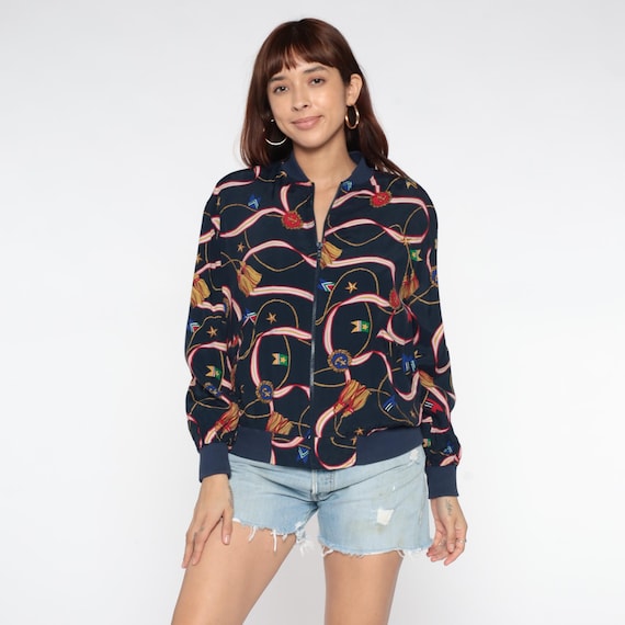 90s Nautical Jacket Navy Bomber Print Flags Ribbons Tassels Stars Cruise Ship Yacht Colorful Petite Casual Lightweight Vintage Medium M 10