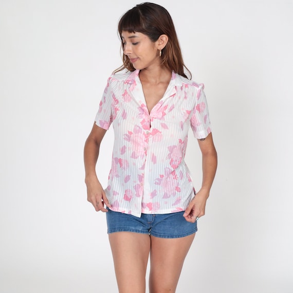 70s Floral Shirt White Pink Button Up Blouse Bohemian Pastel Shirt Boho Blouse 1970s Hippie Top Short Puff Sleeve Vintage Purple Small S