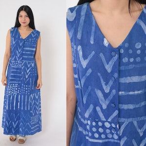 90s Blue Maxi Dress Abstract Brushstroke Print Button Up Dress Sleeveless V Neck Geometric Dress Vintage 1990s Long Summer Dress Large