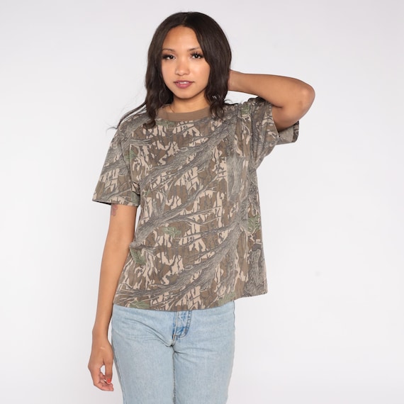 90s Camo Shirt Real Tree Bark Print Outdoor Tee Brown Green Hunting Pattern Ace Sportswear Made In USA Cotton Blend Short Sleeve Top Large L