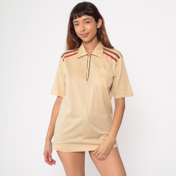 Preppy Polo Shirt 80s Davila Beige Red Brown Striped Shoulder Button Placket Tennis Golf  Vintage Athletic Retro Country Club Medium M
