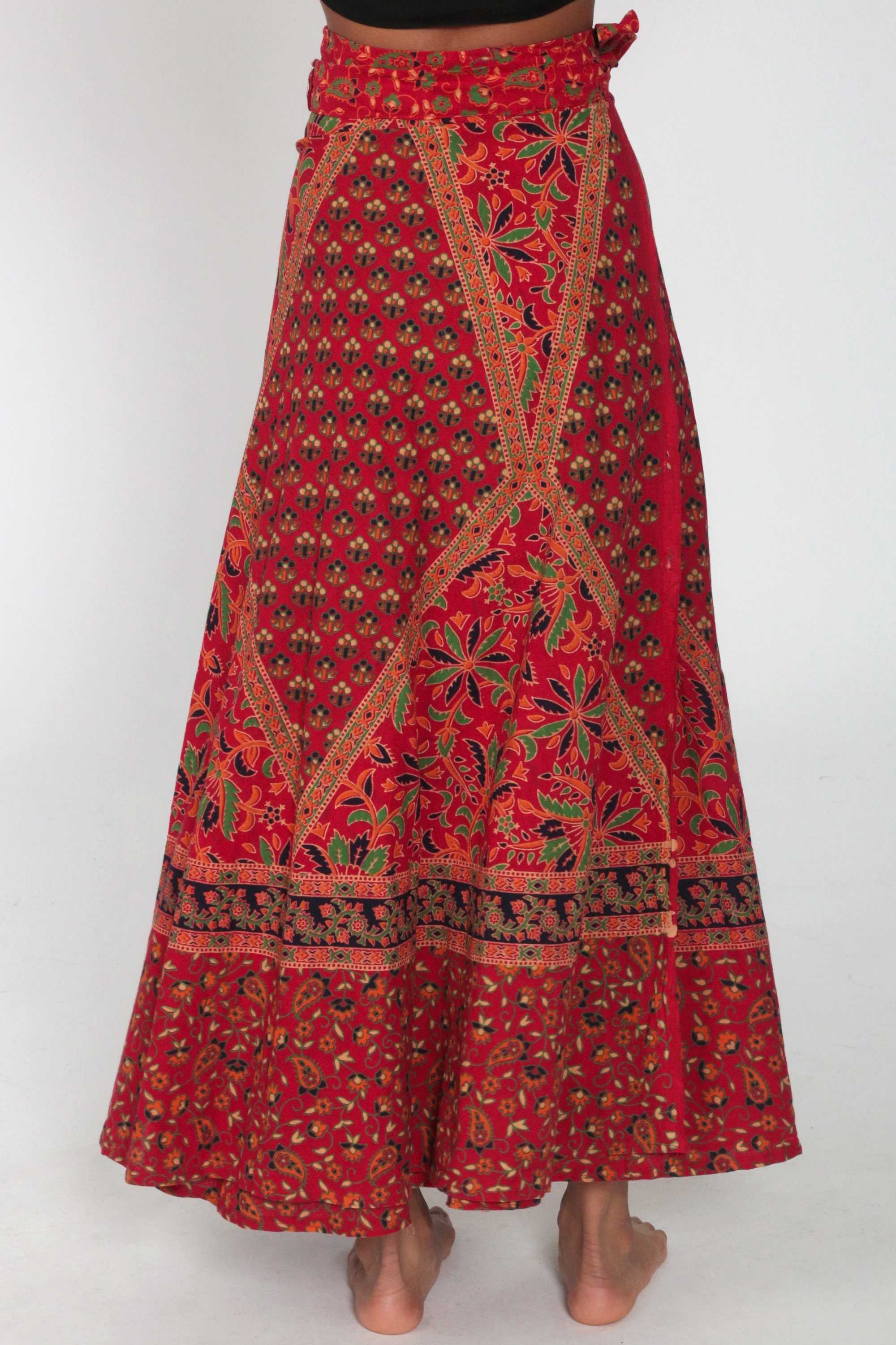 Maxi Wrap Skirt Red Indian Floral Skirt Boho Hippie Skirt 90s Bohemian ...