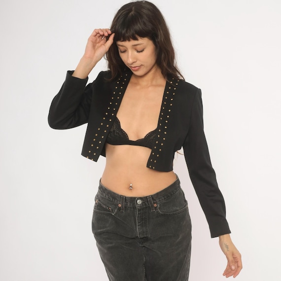 Studded Cropped Blazer 80s Black Gold Bolero Jacket Structured Shoulder Open Front Top Cocktail Evening Going Out Layering Vintage Small S