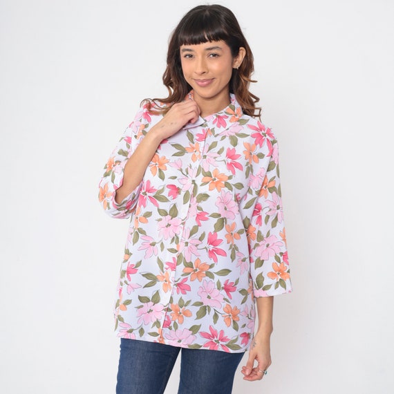 White Flower Blouse 90s Button Up Shirt 3/4 Sleeve Collared Top Pink Orange Floral Print Retro Summer Vintage 1990s Large Petite