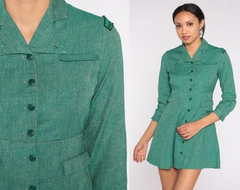 Girl Scout Dress 50s Mini Button Up Uniform Dress Manches longues Taille haute Rétro Green School Girl Brownie USA vintage 1950s Extra Small xs