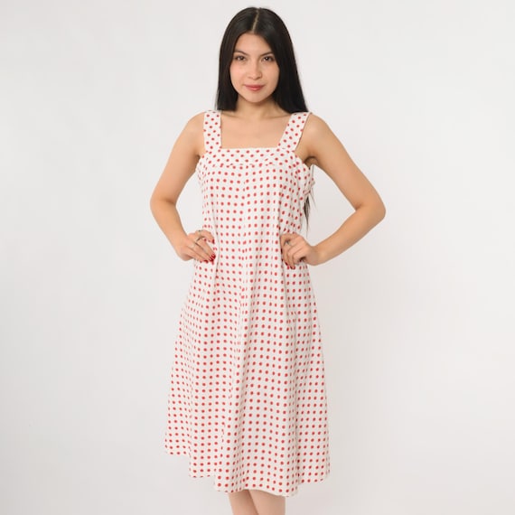 Apple Print Dress 70s Vintage Summer A Line Sundress Sleeveless Square Neck White Red Novelty Fruit Print Day Picnic Dress Small S