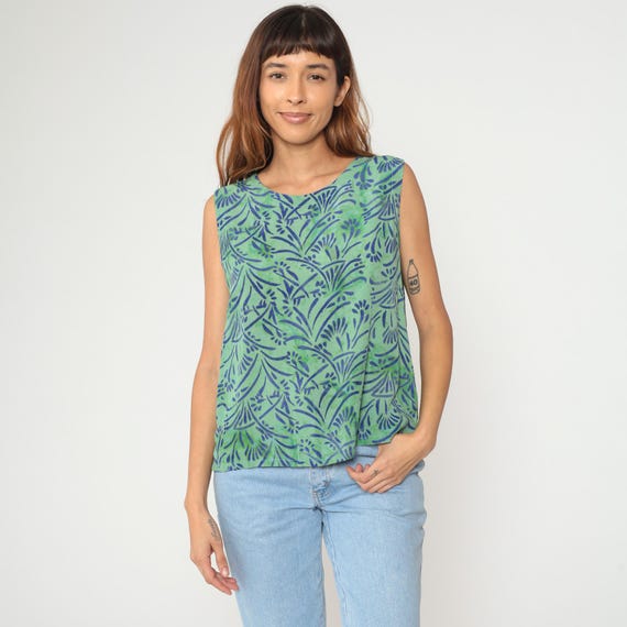 Preppy Botanical Tank 90s Green Navy Print Sleeveless Rayon Resort Wear Vintage Summer Top Leaf Beach Casual Work Relaxed Fit Extra Large XL