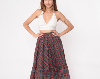 Plaid Prairie Skirt 80s Flounce Tartan Skirt Red Green Checkered Skirt Midi Boho Print High Waisted 1980s Long Vintage Extra Small xs