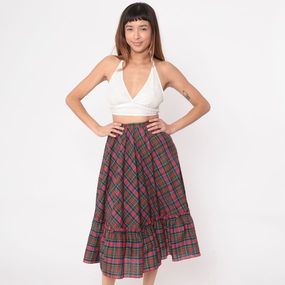 Plaid Prairie Skirt 80s Flounce Tartan Skirt Red Green Checkered Skirt Midi Boho Print High Waisted 1980s Long Vintage Extra Small xs