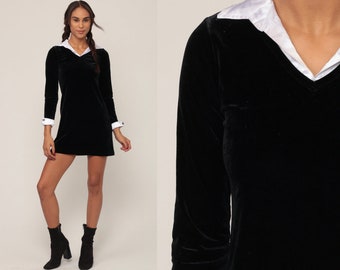 Velvet Mini Dress 90s Party Black Goth Wednesday Addams White Collar Shift Cocktail Long Sleeve Vintage Gothic Extra Small xs
