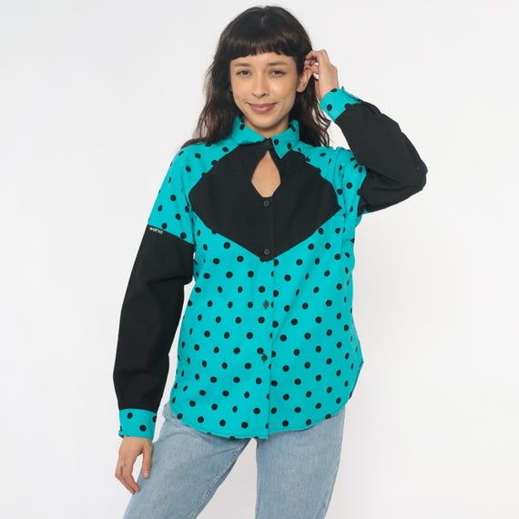 90s Colorblock Shirt Turquoise Western Rodeo Abstract Black Polka Dot Button Front Cotton Long Sleeve Collared Vintage Top Blouse Large L