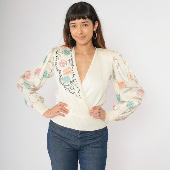 Vintage Off-White Floral Sweater Top 80s Knit Puff Sleeve Faux Wrap Applique Embossed V Neck Blouse Retro Pastel Feminine 1980s Small S