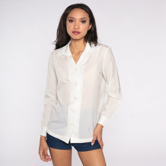Semi-Sheer White Blouse 80s Button Up Shirt Boho Top Lace Collar Long Sleeve Top Hipster Bohemian 1980s Vintage Plain Medium