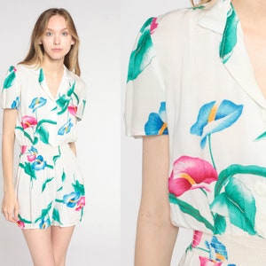 Floral Romper 80s White Mini Playsuit Tropical Lily Flower High Elastic Waist Button Up Short Puff Sleeve Boho Summer Vintage 1980s Small S
