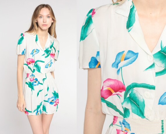 Floral Romper 80s White Mini Playsuit Tropical Lily Flower High Elastic Waist Button Up Short Puff Sleeve Boho Summer Vintage 1980s Small S
