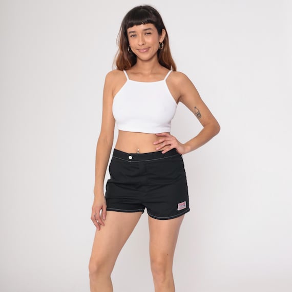 70s Black Swim Shorts Catalina Board Shorts Cotton White Contrast Stitching Vintage Elastic Waist Beach Swimwear Athletic Summer Large L