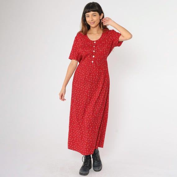 Vintage Grunge Floral Dress 90s Red Maxi Boho Short Sleeve Romantic Scoop Neck Pintuck Pleated 1990s Boho Rayon Summer Medium 10