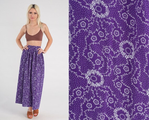70s Floral Skirt Midi Purple Boho High Waisted Flower Print 1970s Bohemian Hippie Festival Ankle Length Vintage Retro 2xs xxs