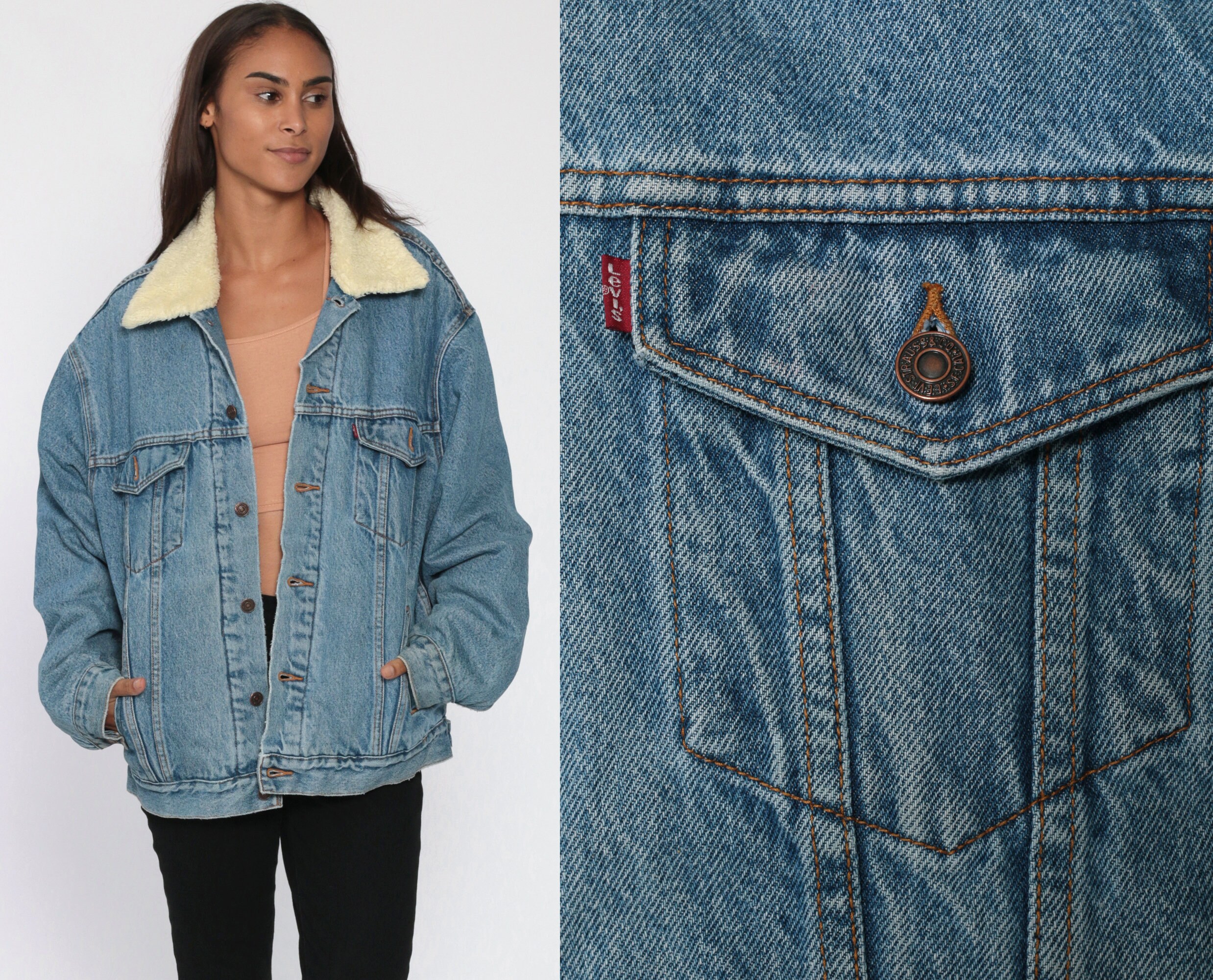 Levis Sherpa Jacket 80s SHERPA Lined Denim Jacket Faux Shearling Collar  Blue Levi Coat Oversized 1980s Vintage Biker Extra Large XL