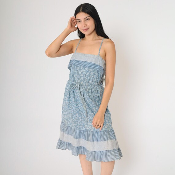 70s Floral Sun Dress Blue Tiered Bohemian Sundress Midi Vintage Striped Calico Trim Summer High Waist Hippie Spaghetti Strap 1970s Small