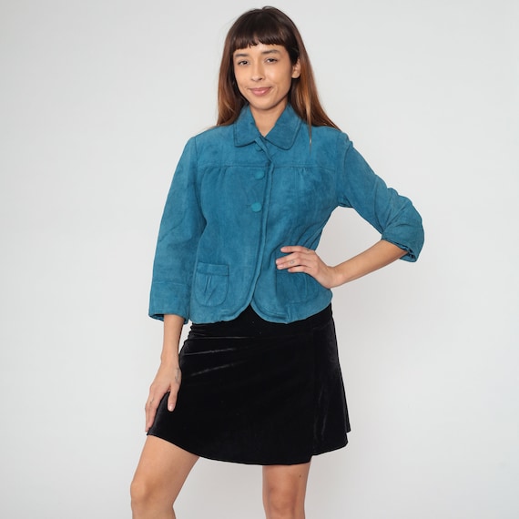 Blue Suede Jacket Y2K Leather Jacket Mod Cropped Blazer Button Up 3/4 Sleeve Crop Coat Retro Simple Boho Vintage Chico's 00s Extra Small xs