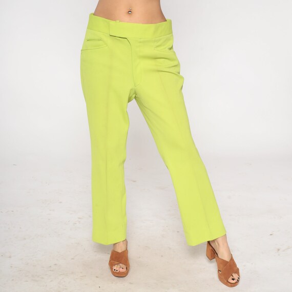 Chartreuse Trousers 70s Bright Green Straight Leg Pants Retro Boho High Rise Waist Seventies Creased Vintage 1970s Ranch Slacks Mens 36