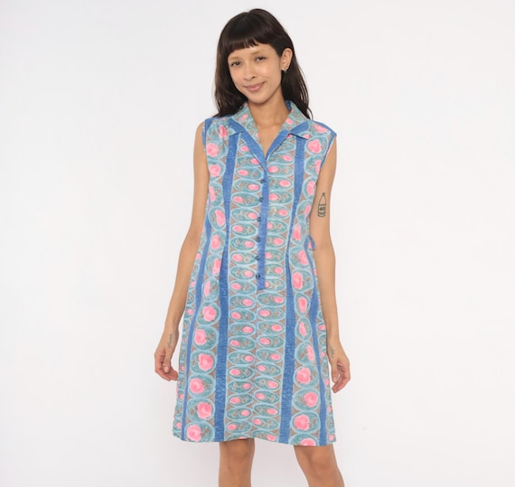 80s Floral Shirtdress Blue Pink Sleeveless Button Front Cotton Shift Striped Medallion Print Summer Spring Garden Vintage Dress Medium M