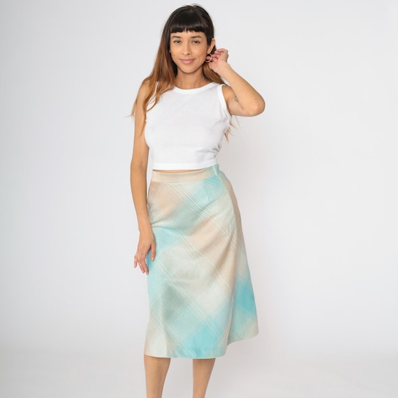 Vintage Plaid Midi Skirt 70s Turquoise Blue Tan Peach Checkered Tartan High Waisted Retro 1970s Small XS/S