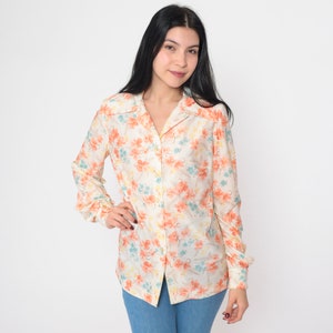 Floral Blouse 70s Boho Disco Shirt Button Up Top Collared Bohemian Long Sleeve Retro Off-White Orange Orchid Flower Vintage 1970s Medium M image 2