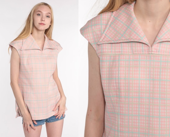 Pink Plaid Blouse 70s Shirt Checkered Print CAP SLEEVE Shirt Boho 1970s Top Short Sleeve Shirt Vintage Small Medium