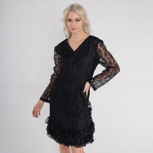 Black Lace Dress 80s Party Dress Ruffled Mini Dress Long Sheer Sleeve V Neck Ruffle Hem Goth Glam Cocktail Evening Vintage 1980s Medium