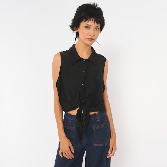 90s Black Sleeveless Blouse Tie Front Crop Top Button Up Pointed Collar Goth Minimalist Summer Shirt Boxy Fit Womens Vintage Medium M