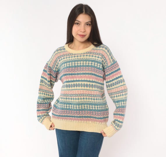 80s Fair Isle Wool Sweater American Eagle Knit Cream Pink Blue Pullover Pastel Top Nordic Striped Collegiate Preppy Winter Jumper Large L