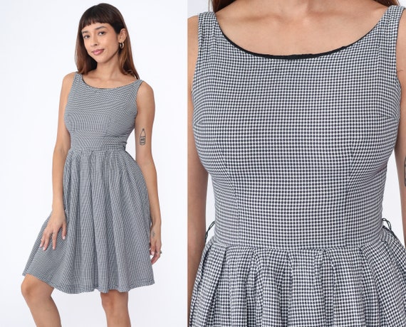Checkered Mini Dress 60s Fit and Flare Pleated Day Dress Navy Blue White Geometric Sundress High Waist Sleeveless Vintage 1960s Small 4