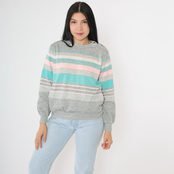 Vintage Pastel Striped Sweatshirt 80s Heather Grey Pink Turquoise Snap Button Shoulder Slouch Pullover Jumper Crewneck Shirt Small S