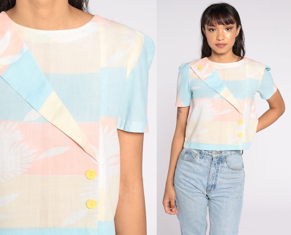 Pastel Crop Top Floral Puff Sleeve Blouse 80s Floral Print Retro Short Sleeve Vintage Cropped Shirt 1980s Summer Yellow Peach Small